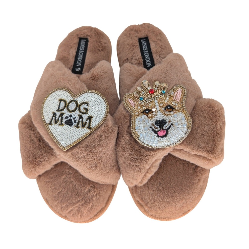 Laines London Slippers Women L Artisan Sandy The Corgi & Dog Mom Brooches Fuzzy